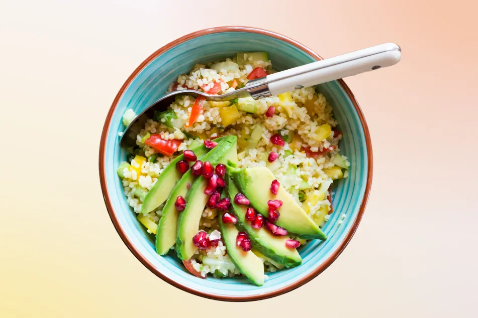 photo of vegan bulgur salad in bowl
