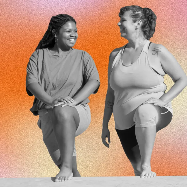 photo of two women stretching over orange gradient background