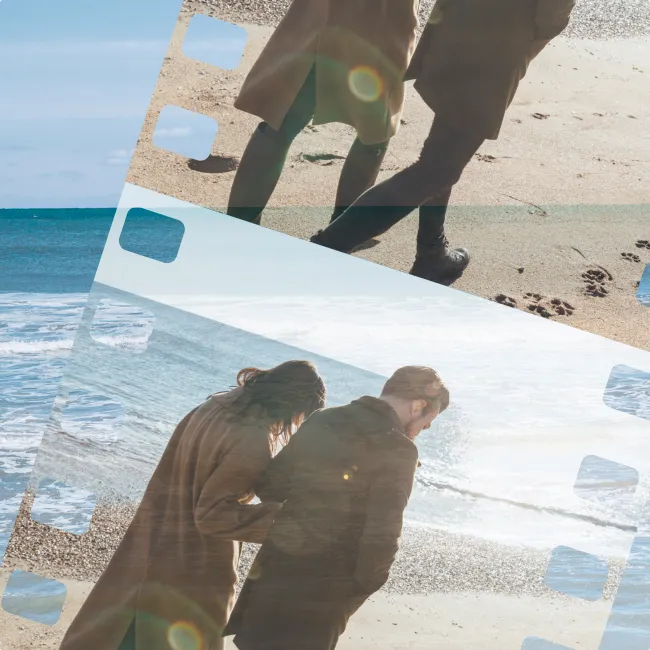 photo of a couple walking on beach in a film strip treatment