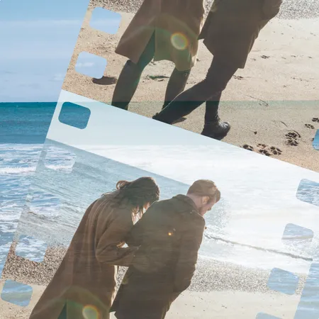 photo of a couple walking on beach in a film strip treatment
