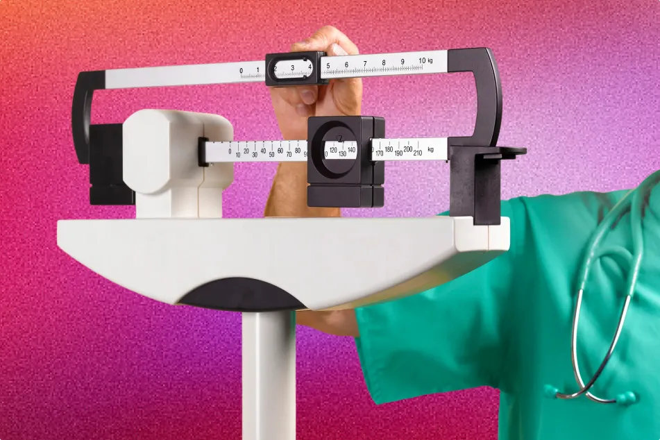 photo of a doctor's hand adjusting a medical scales