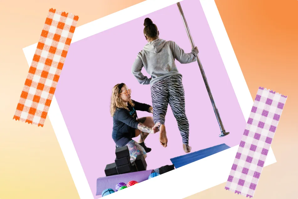 photo of a pole dancing instructor giving assistance