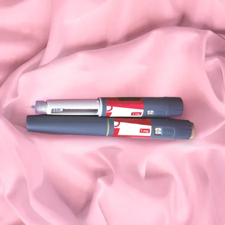 photo of Diabetes drug Ozempic on pink silk background cloth