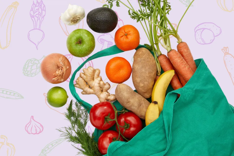 photo of fresh vegetables and fruit in bag