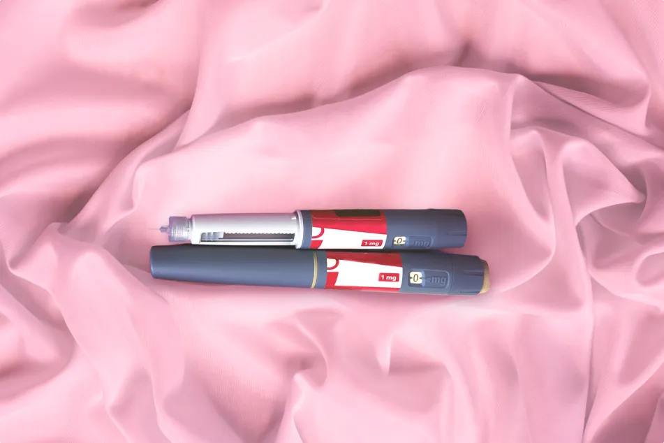 photo of Diabetes drug Ozempic on pink silk background cloth