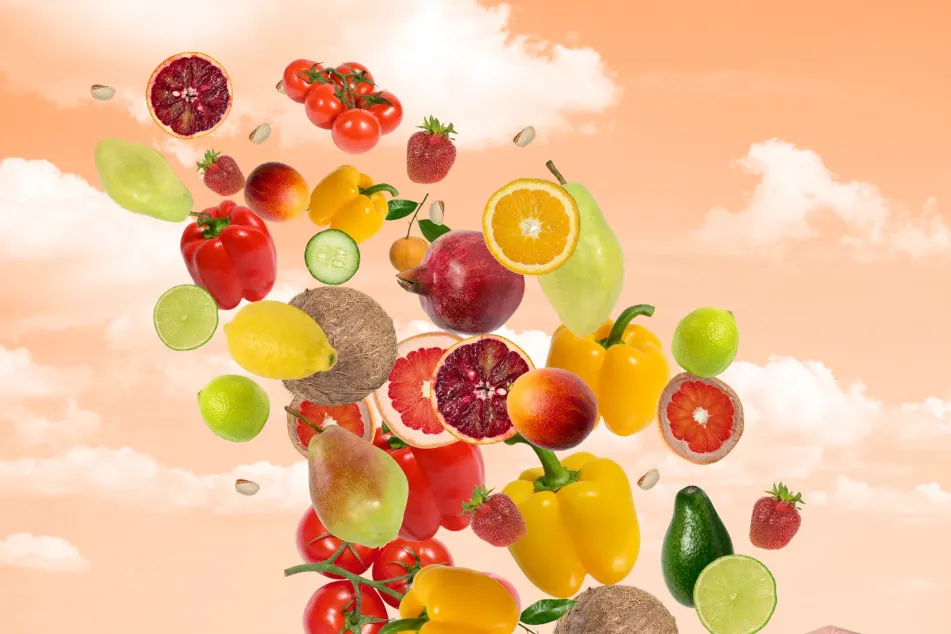 photo of Levitating fruits and vegetables