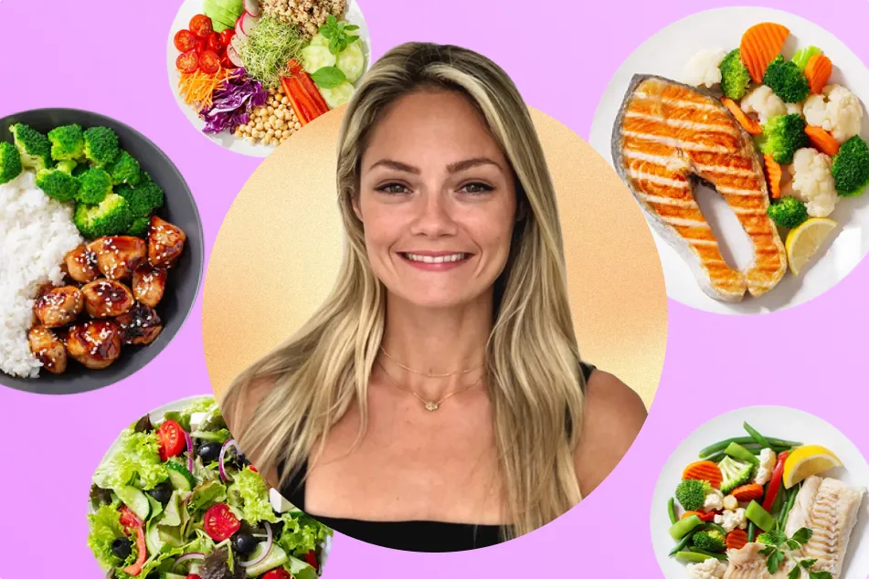 photo of woman surrounded by healthy foods