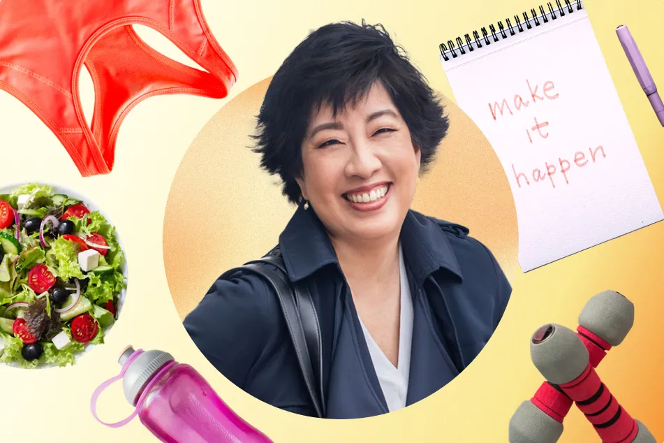 photo of woman surrounded by health-related items